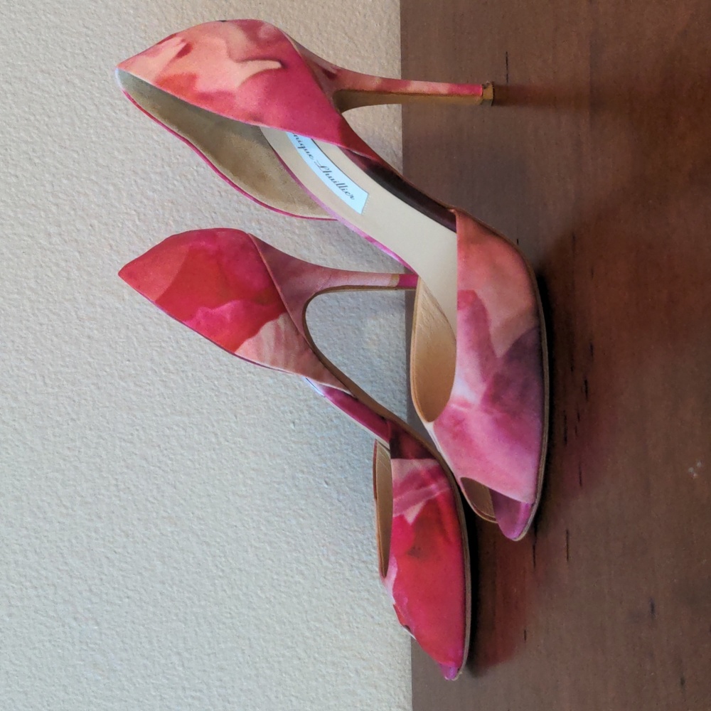 Monique Lhuillier floral peep toe pumps